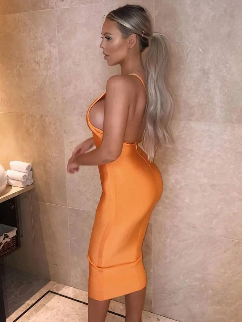 Women's Hot Orange Asymmetrical Backless Bandage Maxi Dress