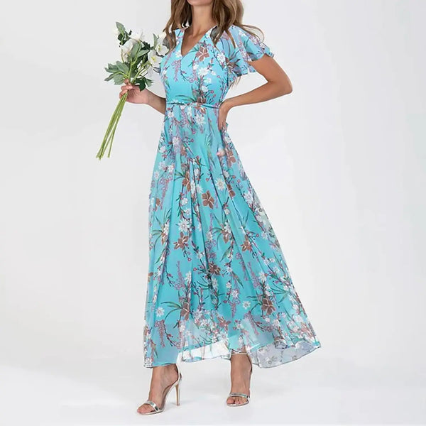 Women V-neck Short Sleeve Floral Sun Dress