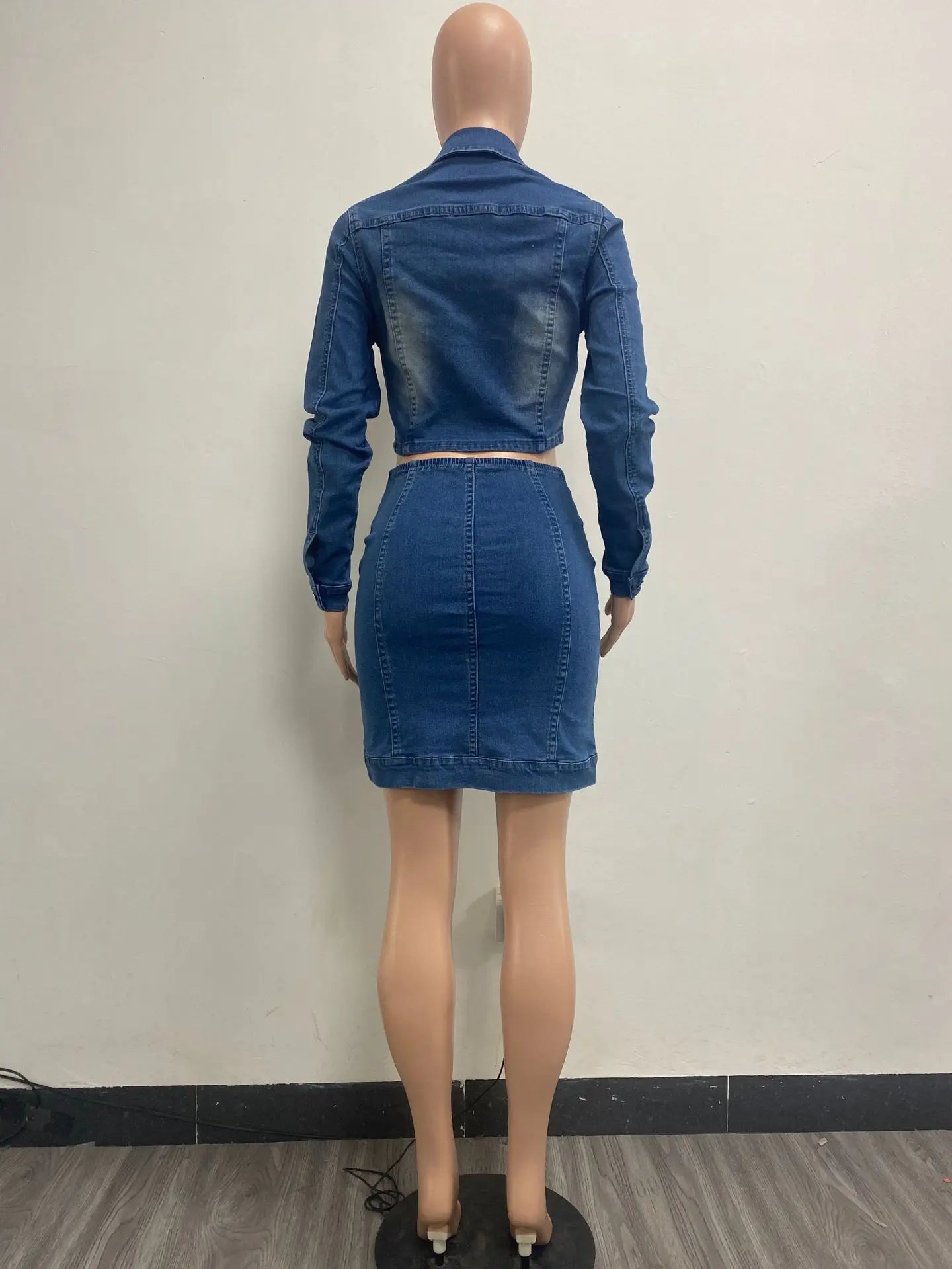 FAGADOER Fashion Embroidery Elastic Denim Two Piece Sets Women Turndown Collar Long Sleeve Button Crop Top And Min Skirt Outfits