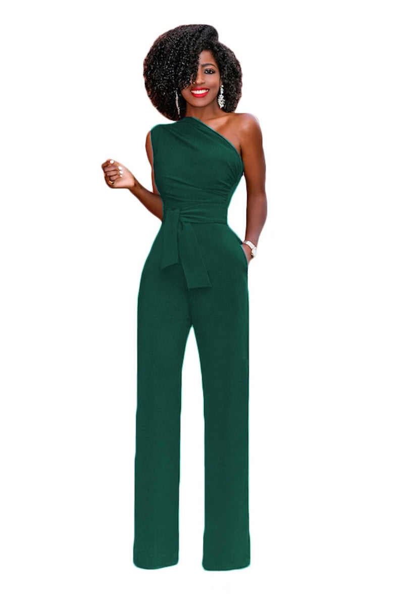 Women's One Shoulder Belt Wide Leg  Bodycon Jumpsuit