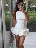 Women's White Chic Round Neck Sleeveless Slim Fit Short Dress