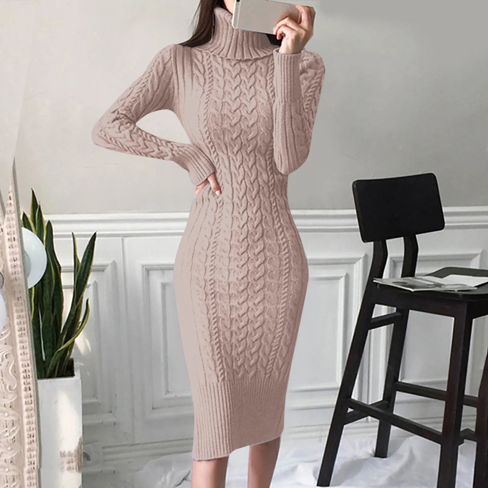 Turtleneck Knitted Midi Dress