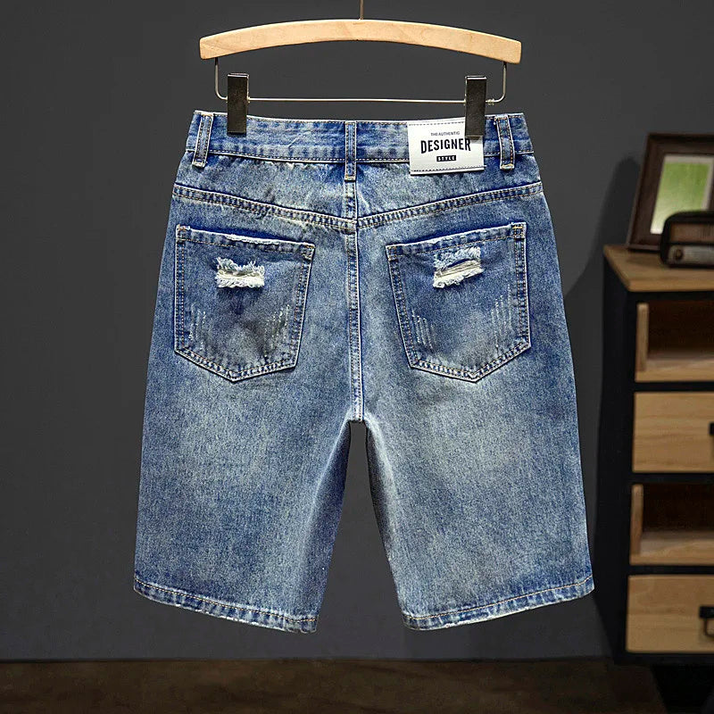 Ripped Jeans Men Denim Shorts Hip Hop Slim Straight Blue Hollow Out Moto & Biker Jeans Knee Length Pants 2024 Summer Shorts Boys