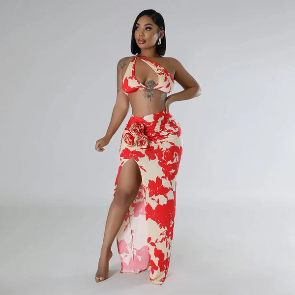 Women's One Shoulder Crop Top and Half Slit Skirt Sets