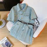 Sweet Hot Girl Retro Suit Women's Summer Short Sleeved Denim Jacket A-line Short Skirt Two-piece Set Fashion Female Clothes