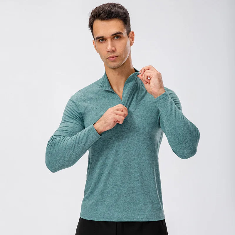 Men's Autumn Fitness Long-Sleeved Quick-Dry Running Tops Half-Zipper Slim-Fit Training Sweatshirt Baselayer Undershirts