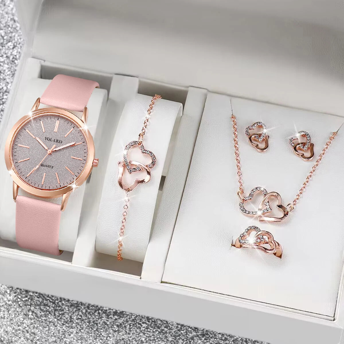 Fashion Matte Dial Women's Watches with Diamond Heart Jewelry Set