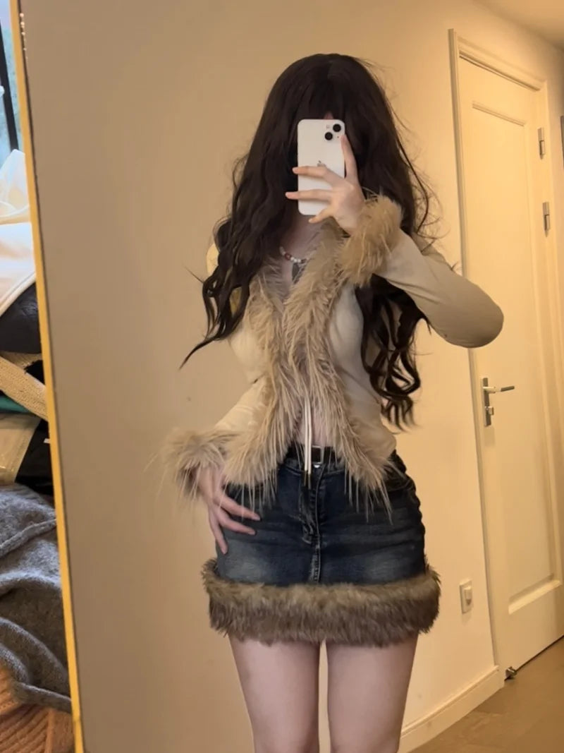 Washed Fur Paneled Denim Skirt for Women