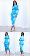 Women's Sky Blue Tie Dye Mock Neck Zippered Long Sleeves Ruched Dress