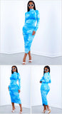 Women's Sky Blue Tie Dye Mock Neck Zippered Long Sleeves Ruched Dress