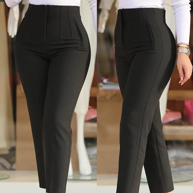 Elegant High Waist Cropped Work Pants For Women Black All-Match Daily Slim Office Formal Wear Fashion Women's Trousers