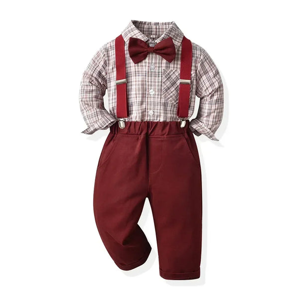 Boys Cotton Long Sleeve Plaid Shirt and Strap Pants Sets