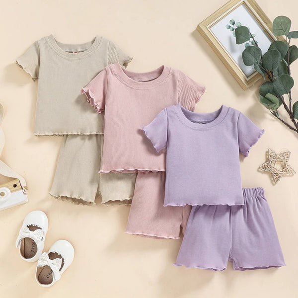 Girls Ruffled Hem Round Neck Short Sleeve Ribbed Solid Color T-Shirt And Elastic Waist Shorts Co-Ord