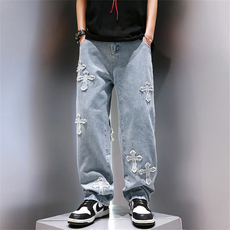 High Street Jeans Men Cross Graphic Baggy Denim Pants