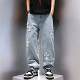 High Street Jeans Men Cross Graphic Baggy Denim Pants Unisex Young Streetwear Blue Loose Punk Casual Fashion Y2k Trousers Summer