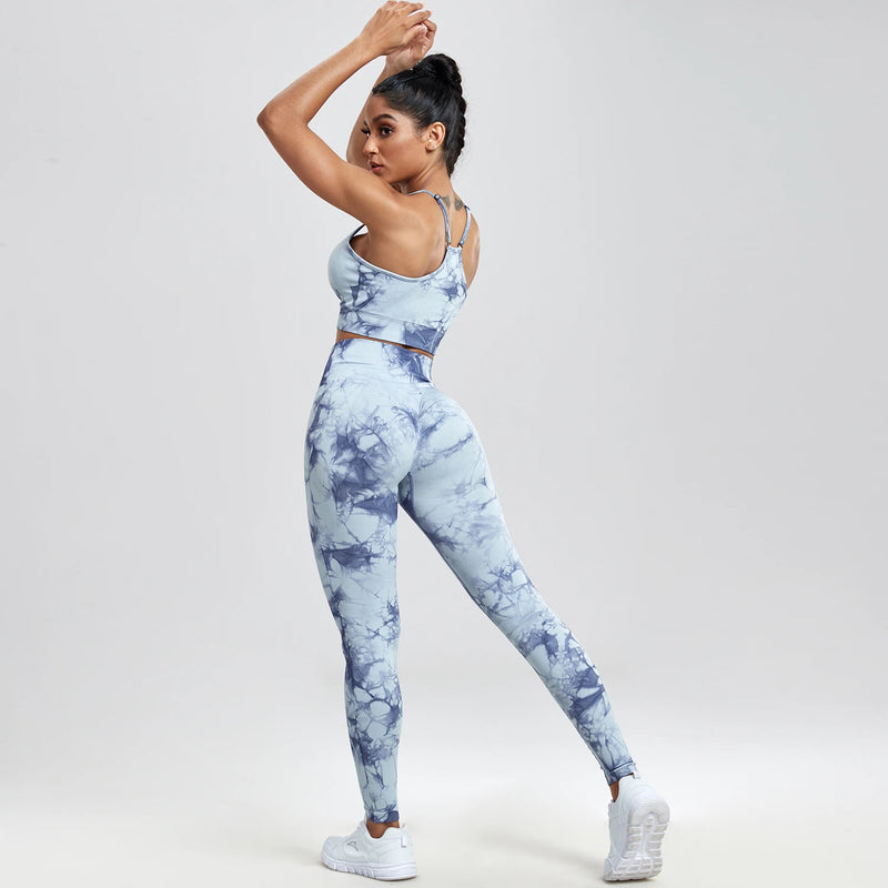 Women's Seamless Tie Dye Yoga Set - Push Up Bra and High Waist Pants