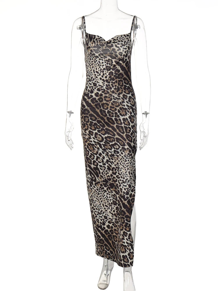 Women's Leopard Print Swing Collar Sleeveless Sexy Maxi Slit  Dress