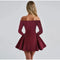 Women's Burgundy Off Shoulder Slim Backless Long Sleeve A-line Mini Dress