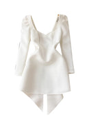 Women's White Backless Bow Slim Waist Long Sleeve Mini Dress