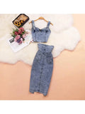 High Quality New  Summer Women Jeans Vest+Skirts Sets Straps Tops Buttons Denim Skirt Suits for Woman Костюм Женский