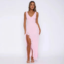 Women's V Neck Side Split Ruffle Trim Elegant  Maxi Dress