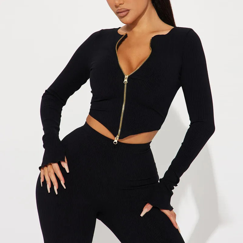 Women's Long Sleeve Zipper Crop Tops and Solid Pants Concise Legging Sets