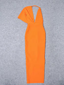 Women's Orange Bandage Drape Asymmetric Sleeve Deep V Neck Stretchy Bodycon Maxi Dress