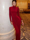 Women's Red Shoulder Pad Pleated Slim Fit Long Sleeve Stand Collar High Waist Maxi Dress