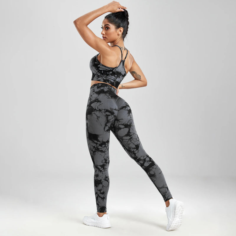 Women's Seamless Tie Dye Yoga Set - Push Up Bra and High Waist Pants