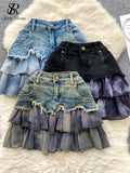 SINGREINY Fashion Sexy Mini Skirt Women Chiffon Ruffled Edge Patchwork Denim Skirts American Vintage A Line Hotsweet Skirt