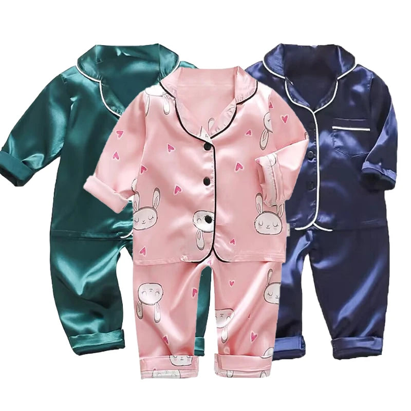 Boys Girls Silk Satin Long Sleeve Pyjamas Top And Pant Co-Ord