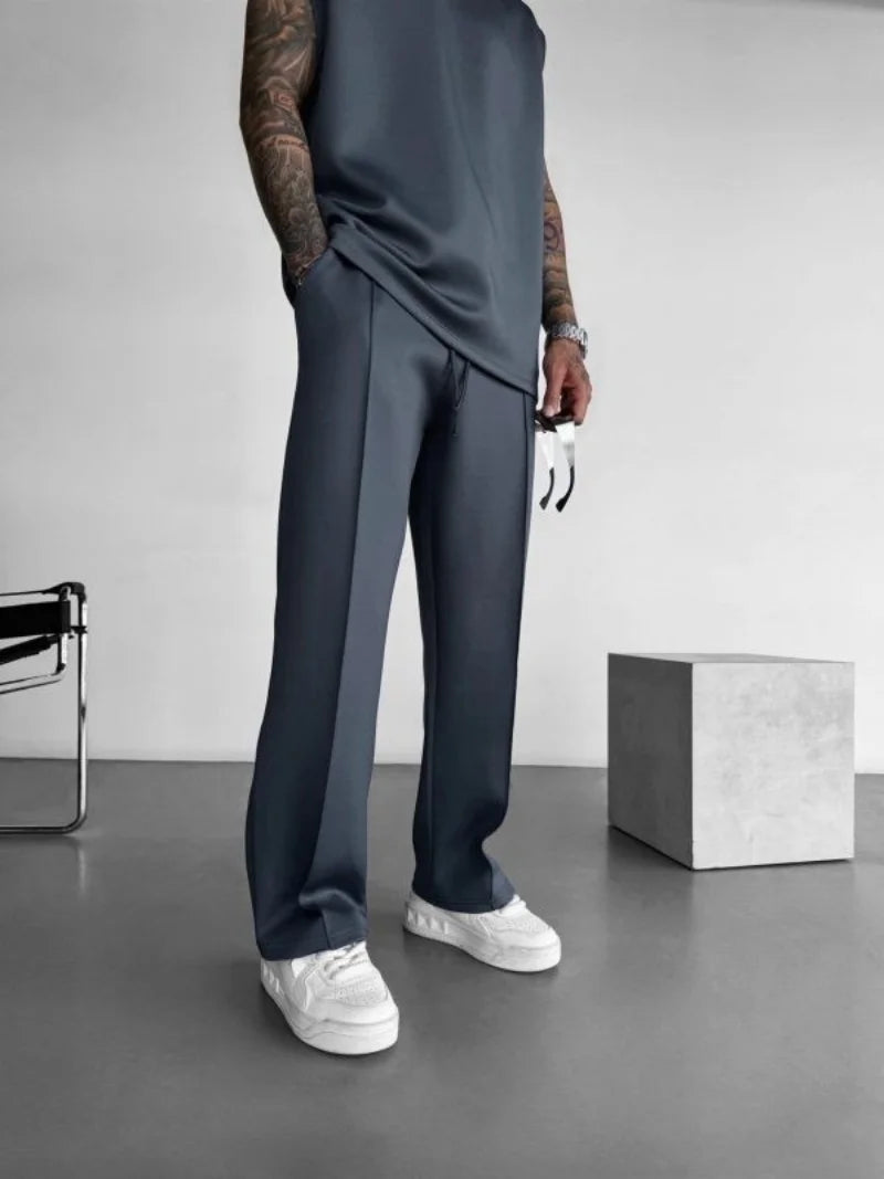 Men's Stylish and Comfortable Elastic Waist drawstring single-line pleated solid color Pants