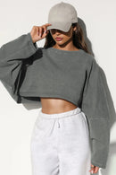 Women's Loose Fit Round Neck Crop Long Sleeve Top