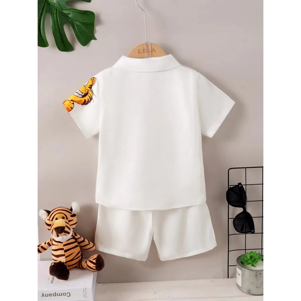 Kids Cartoon Tiger Short Sleeve Shirt+Shorts Sets