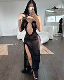 Women’s Long Mesh Halter Slit Dress