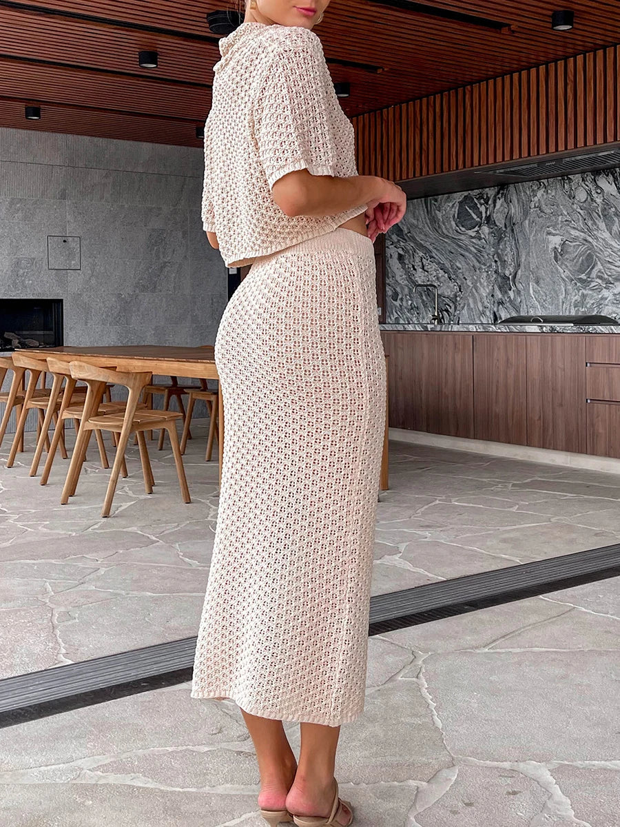 Women 2 Piece Crochet Knit Long Skirt + Top Cover Up Sets