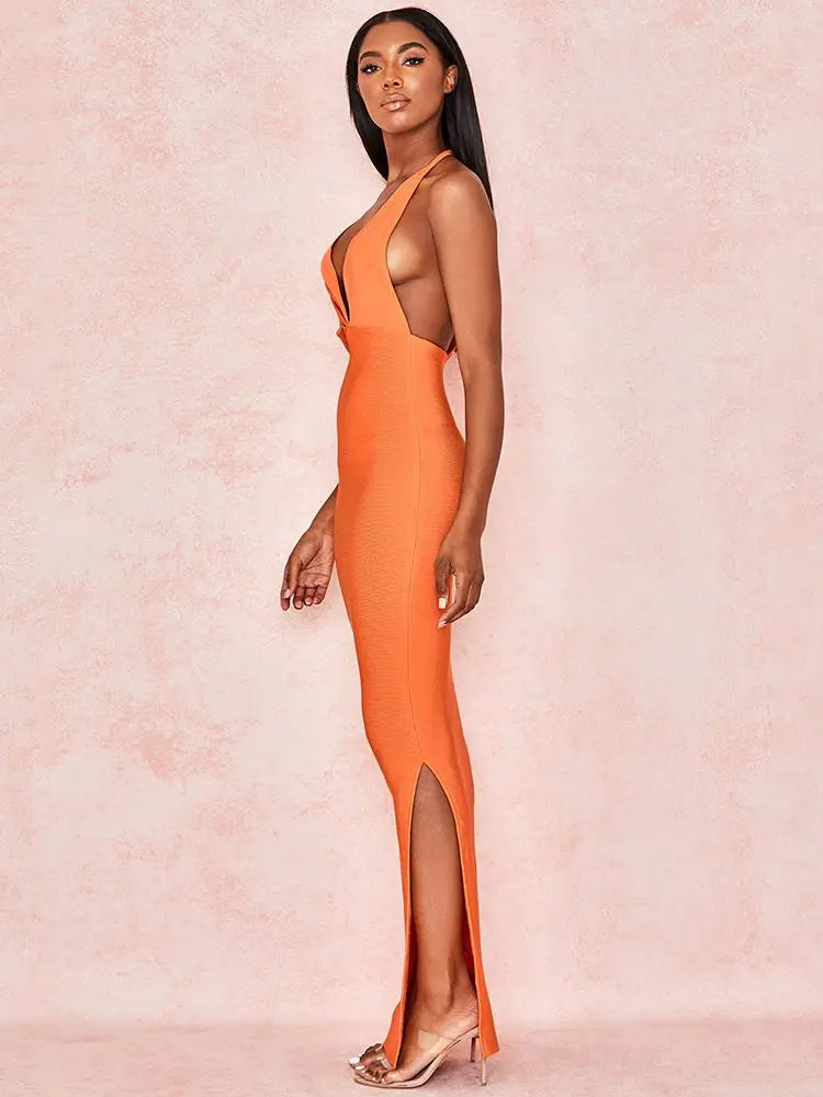 Women's Orange Bandage Drape Asymmetric Sleeve Deep V Neck Stretchy Bodycon Maxi Dress