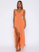 Women's V Neck Side Split Ruffle Trim Elegant  Maxi Dress