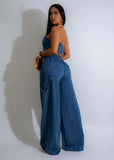 Women's Strapless Crop Top and Wide Leg Jeans Pant