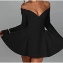 Women's Burgundy Off Shoulder Slim Backless Long Sleeve A-line Mini Dress