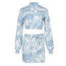 Women's Tie Dye Long Sleeve Zip Up Cropped Jacket and Mini Skirt