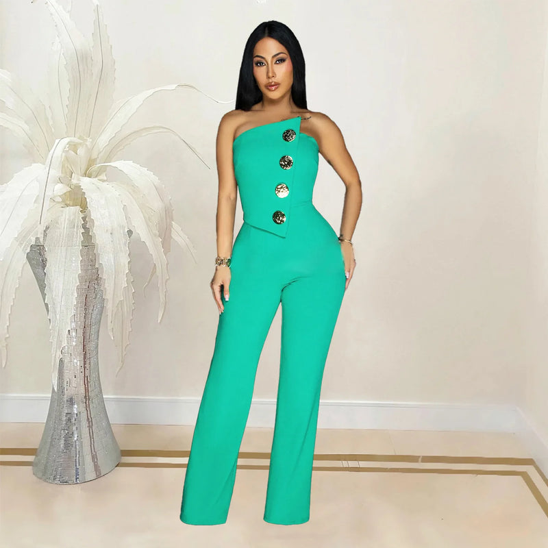 Women's Elegant Button Strapless Sleeveless Irregular Jumpsuits