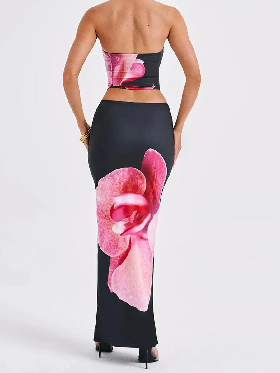 Women's Floral Print Tube Tops and Elastic Bodycon Long Skirt Set