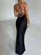 Women's Spaghetti Strap Satin High Waist Tunics Backless And Lace-up Tight Long Dress