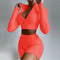 Two Piece Long Sleeve Ziipper Crop Top & Bodycon Shorts