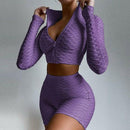 Two Piece Long Sleeve Ziipper Crop Top & Bodycon Shorts