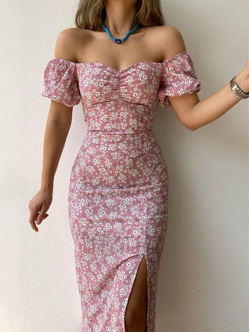 Women’s Floral Print Off Shoulder Slit Dress