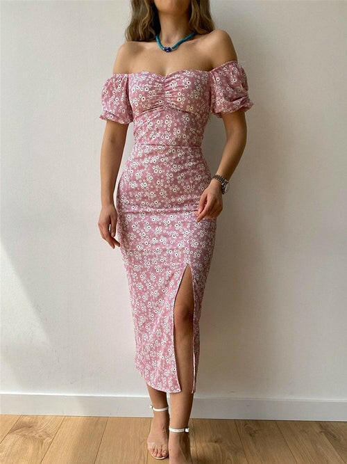 Women’s Floral Print Off Shoulder Slit Dress