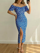 Women’s Floral Print Off Shoulder Slit Dress