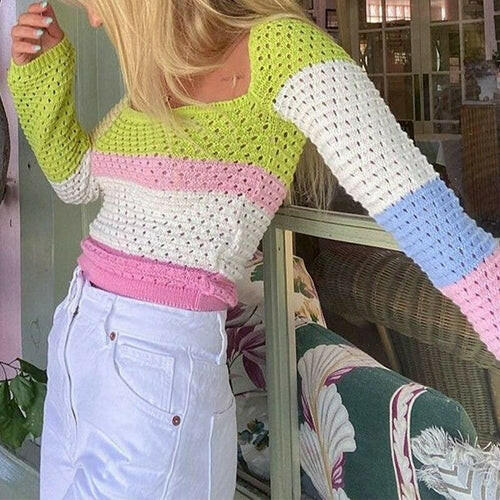 Women Stripes Hollow Out Long Sleeve Knitted Pullover